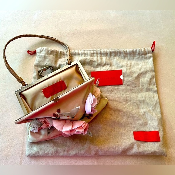 Used once! Valentino champagne satin purse w/ floral appliqué/ snakeskin handles - Picture 7 of 11